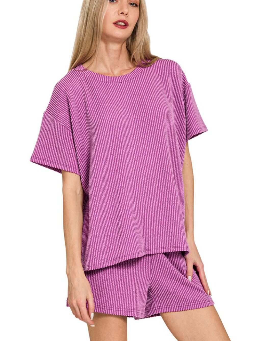 Zenana Womens Lt Plum Raised rib short sleeve tee & short pants set NEW